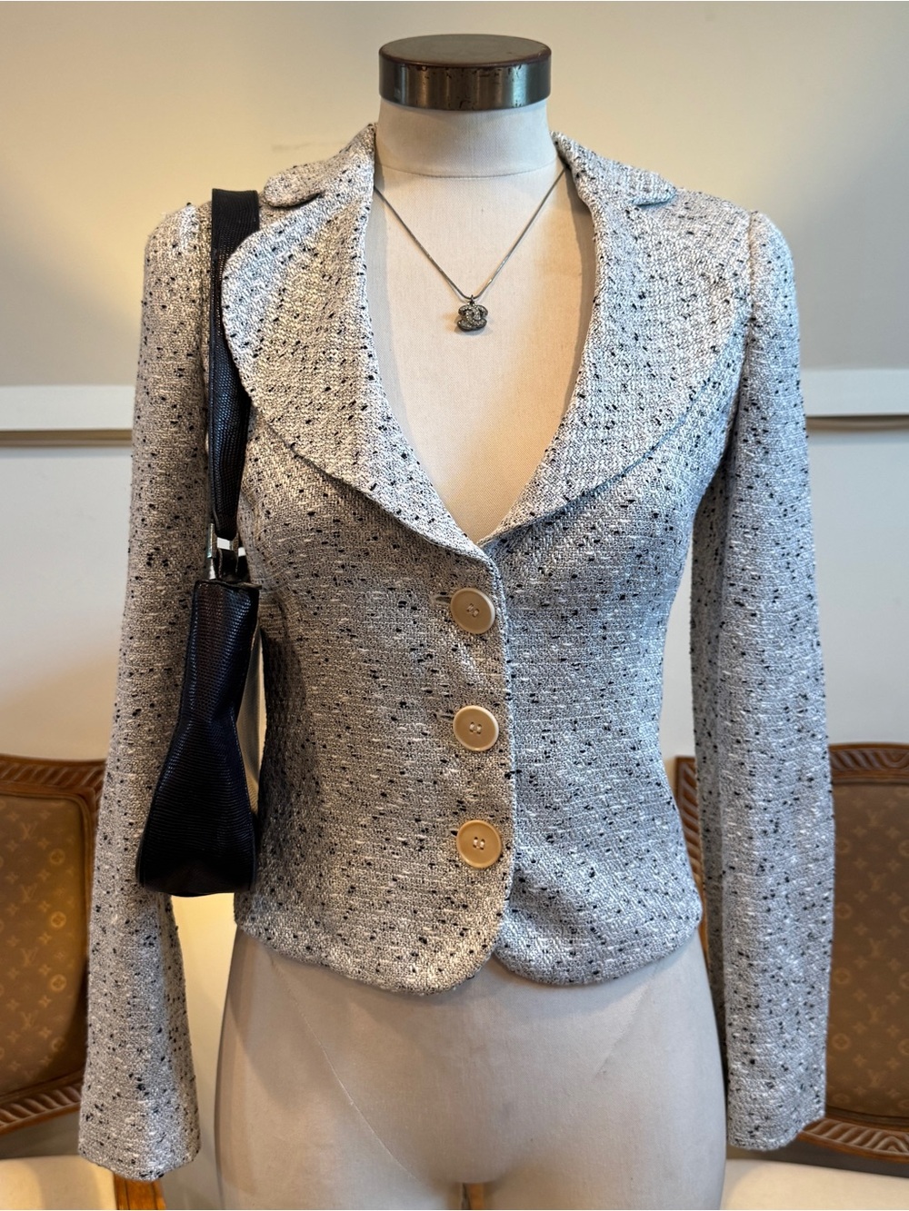 Armani Gray Tweed Button-Front Cropped Blazer Jacket S Cotton-Blend Office Siren